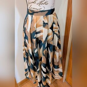 Dazy Abstract Pleated Aline Flowy Cream Geeen Midi Zip Skirt Sz Small Artsy Boho